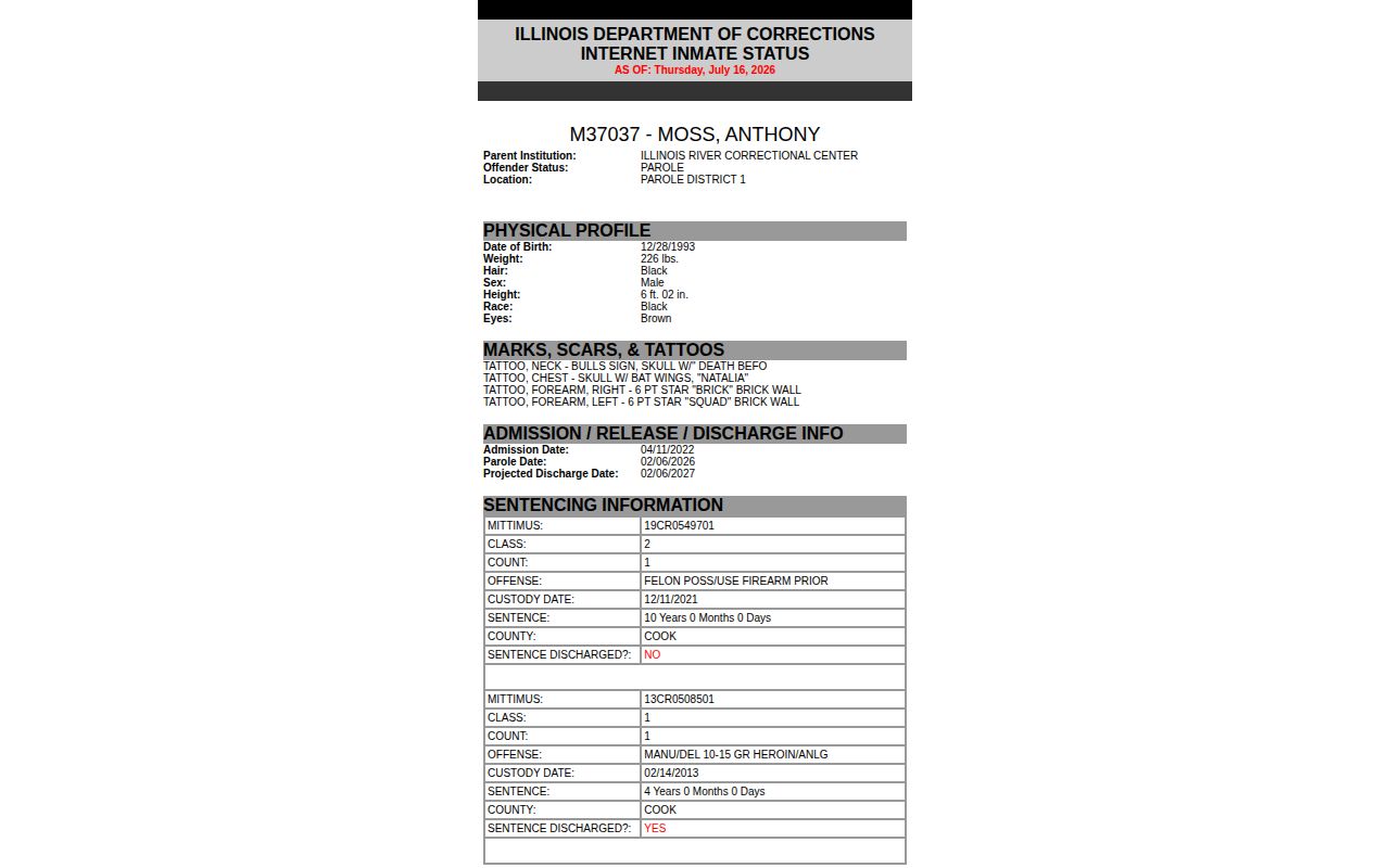 Effingham County parole release record example from IDOC