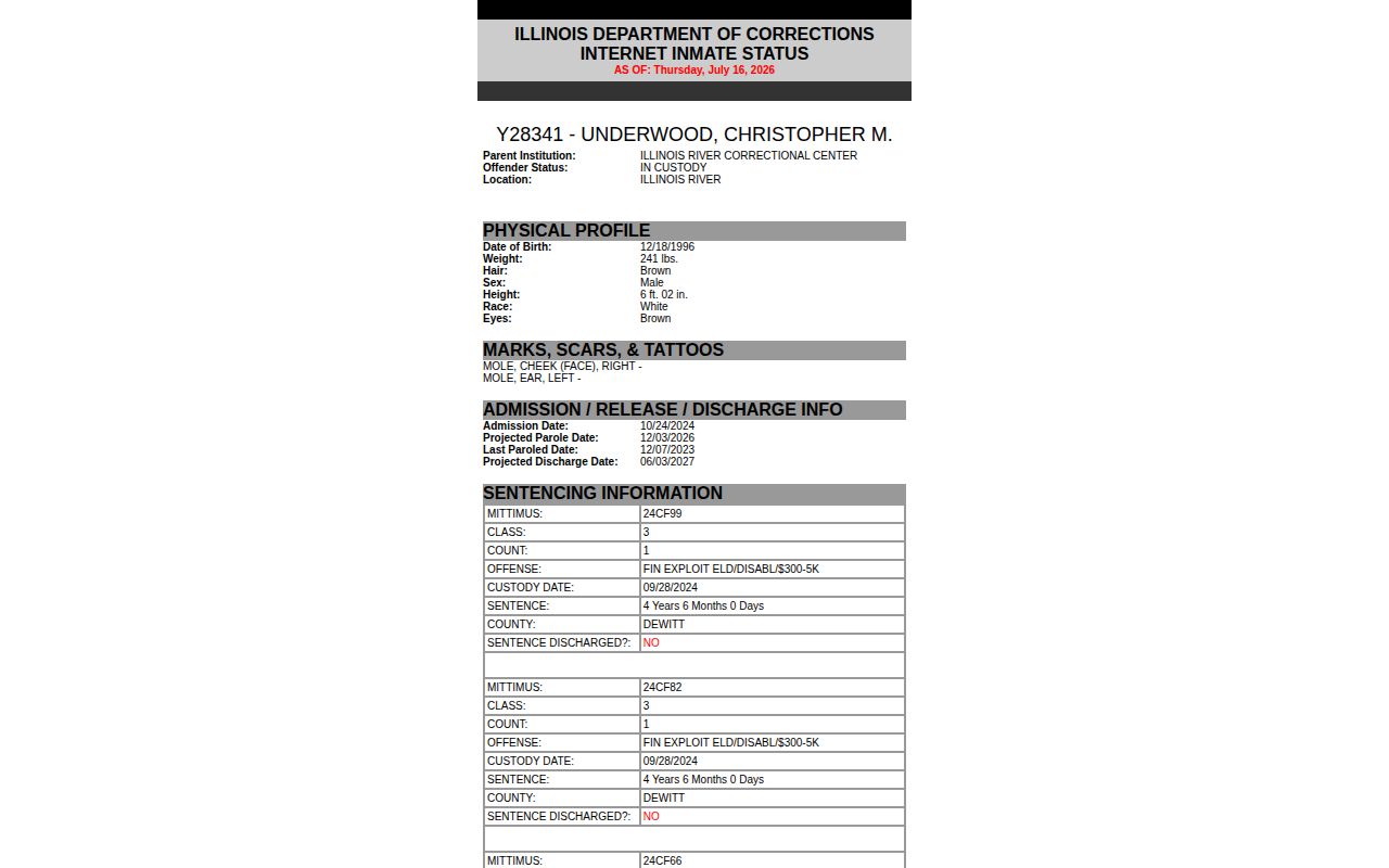 Effingham County projected inmate release date fields in an IDOC record